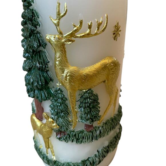 Christmas Pillar Candle Set of 2 Embossed Reindeer & Christmas Pine Trees 6" NEW - Picture 3 of 13